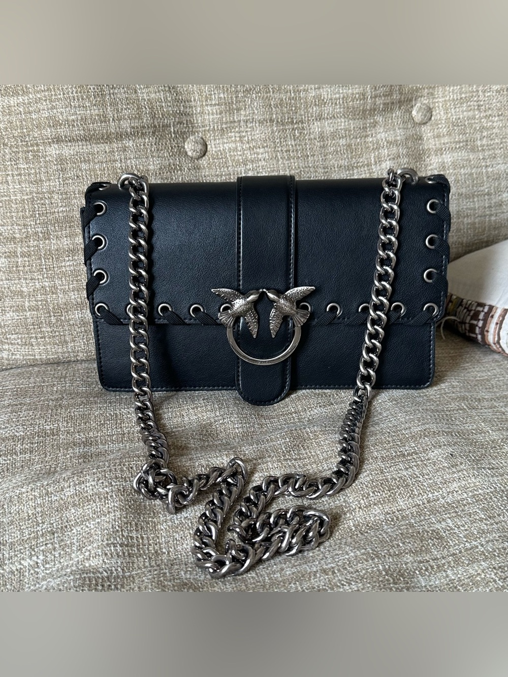 Pinko Black Love Lace Chain Flap Bag